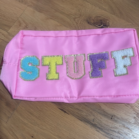 Handbags - NWOT Preppy Makeup Pouch with Chenille Varsity Letter Patches spelling "STUFF”